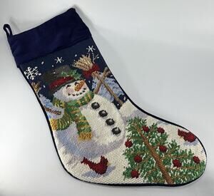 Vtg Wool Needlepoint Christmas Stocking Snowman Cardinal Blue White 17" Velvet